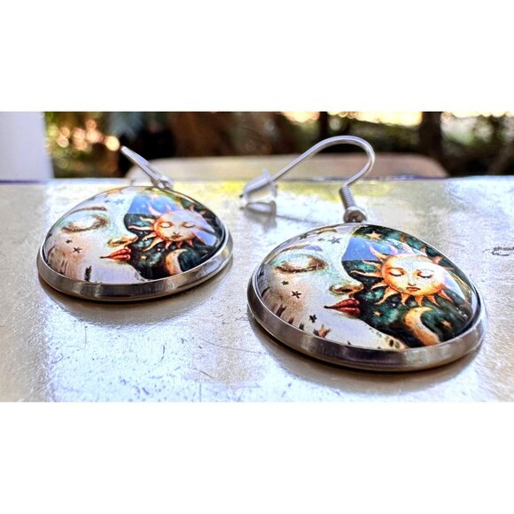 Moon Star Sun Earrings Navy Blue Eclectic Planet Astrology Zodiac Celestial Taro - Picture 9 of 12